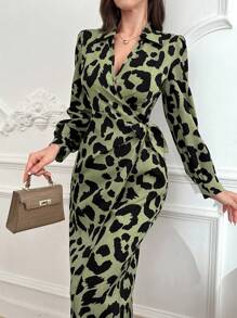 Modelyn Ladies' Leopard Print Simple Long Sleeve Daily Dress - Green - View 1