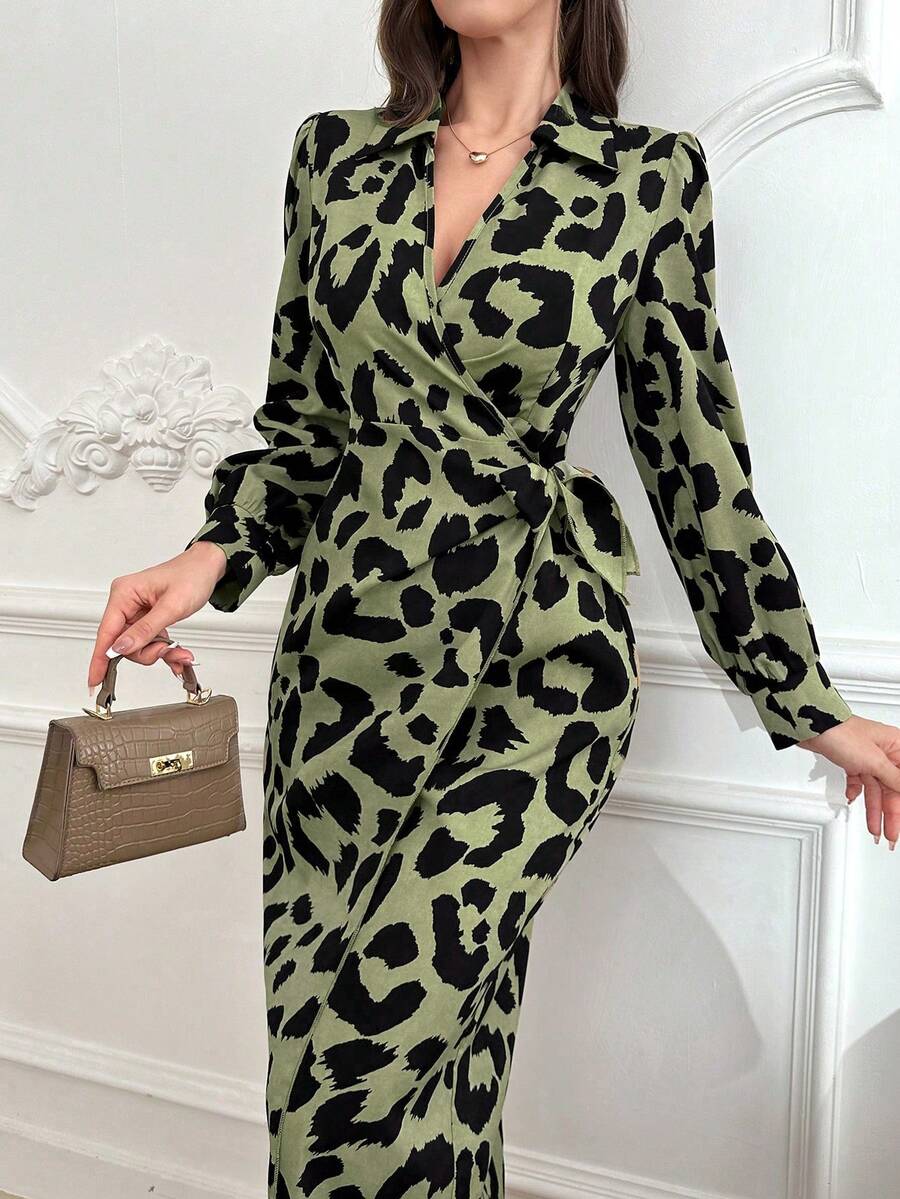 Modelyn Đầm dài tay đơn giản in họa tiết da báo cho nữ - màu xanh lá - Xem 1