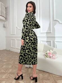 Modelyn Ladies' Leopard Print Simple Long Sleeve Daily Dress - Green - View 2