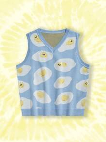 Gudetama X SHEIN Plus Size Cute Egg Printed V-Neck Sweater Vest - Blue - View 7