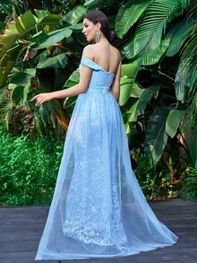 LOVE&LEMONADE Strapless Women's Embroidery Decorated Simple Casual Dress - Baby Blue - View 2