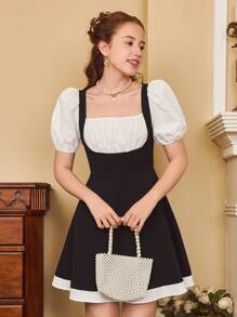 SHEIN Vestido de bloques de color con mangas abullonadas dulce y elegante de la Academia para niña adolescente, negro y blanco - Blanco y Negro - Ver 9