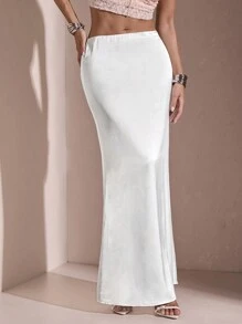 SHEIN BAE Váy trắng viền nàng tiên cá màu trơn thanh lịch dành cho nữ cho mùa xuân/hè - trắng - Xem 1