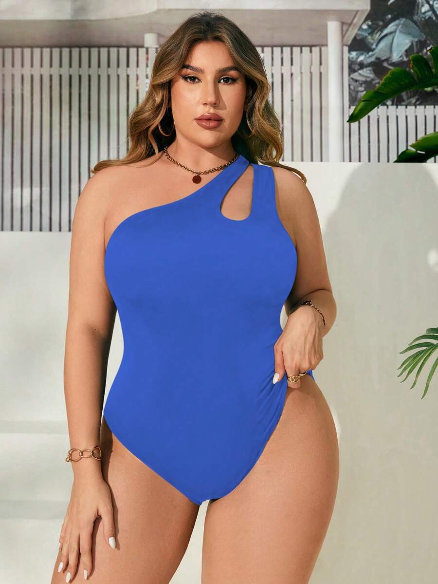 Swim Lushoire 大碼單肩切割泳衣,細節設計突顯時尚 - 黑色 - 查看 1