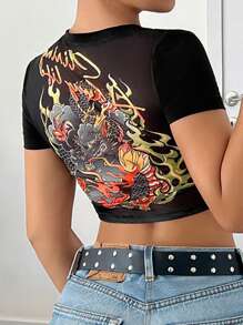SHEIN ICON 纯色短袖 Y2K 返校季女款黑色中国龙印花 T 恤 - 黑色 - 查看 6