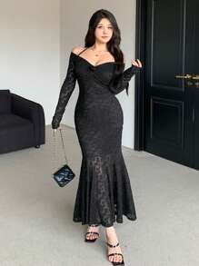 DAZY 女士蕾丝长袖派对礼服优雅、荷叶边、秋季连衣裙 - 黑色 - 查看 4