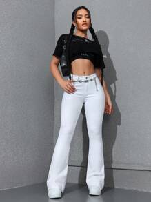 SHEIN EZwear Calça Jeans Feminina Micro-Flare em Cor Sólida para Uso Diário Simples - Branco - Ver 6