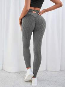 SHEIN Essnce Plus Size Women's High-Waist -Lifting Textured Fabric Leggings,Plain Grey,Sommar,Casual,Gym Sports Pants,Curvy Summer Bottoms,Black Outfits - Grey - View 6