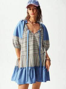 Bohemela Vestido de vacaciones de diseño de parche con rayas para mujer