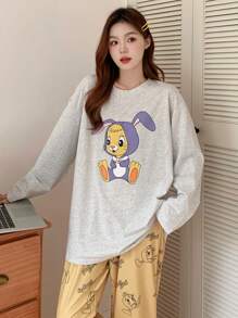DAZY Cute Cartoon Pattern Printed Round Neck Long Sleeve Top And Pants Set - Yellow - View 5