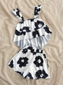 Soleia Women's Holiday Style Cap Sleeves Asymmetrical Hem Loose Tank Top Shorts Black And White Large Flower Print Graduation Season Wedding Season Cute Lunch Summer Babydoll Two-Piece Suit - Black and White - View 3