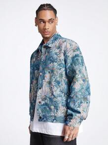 Manfinity RebelGame Men's Woven Color-Block Jacquard Loose Long Sleeve Floral Art Shirt Jacket & Outerwear, For Friends, For Fall Winter