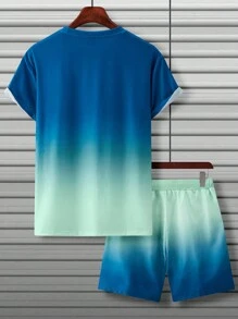 Manfinity LEGND Men's Summer Letter Ombre Printed Round Neck Casual Short Sleeve T-Shirt And Drawstring Waist Shorts Set - Multicolor - View 2