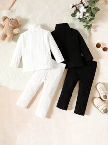 SHEIN Playful Pals 嬰兒女寶寶純色簡約日常長袖上衣褲套裝 - 黑與白 - 查看 2