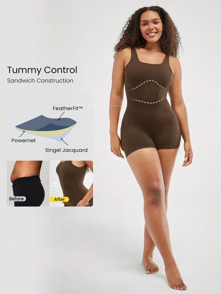 4.3" FeatherFit™ Tummy Control Side Pockets Romper Bodysuit U-Back Non-Slip Pocket Light Support Low Impact Yoga Pilates Studio Gym Daily