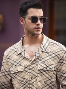 Manfinity VCAY Men's Knitted Loose Plaid Shacket With Drop Shoulder And Lapel, Suitable For Spring And Autumn Seasons