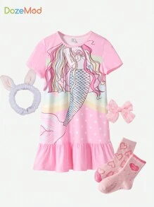 SHEIN Young Girl Mermaid Print Ruffle Hem Smock Nightdress - Multicolor - View 1