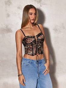 SHEIN BAE 女士时尚豹纹交叉短款细肩带上衣，夏季 - 彩色 - 查看 4