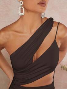 L'Amorae One Shoulder Cut Out Ruched Dress - Brown - View 3