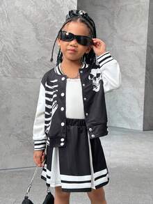 SHEIN Young Girl 2pcs Halloween Outfit , Skull Print Baseball Jacket And Pleated Color Block Mini Skirt Suit, Suitable For Costume Play - Black - View 4