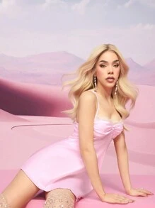 SHEIN X KeniaOs SHEIN ICON Váy dây xích chắp vá màu hồng dành cho nữ - Hồng - Xem 3