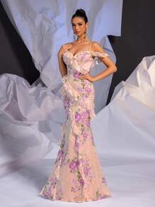 SHEIN Belle Váy dạ hội trang trọng nhiều lớp in họa tiết sứa viền chiffon lãng mạn cho nữ (Phiên bản dày) Váy dự tiệc cưới thanh lịch, dự tiệc tốt nghiệp, váy dự tiệc tối - Hồng - Xem 4