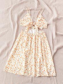Soleia Ladies' Spaghetti Strap Backless Floral Allover Print Dress, Casual Resorts - Yellow - View 2