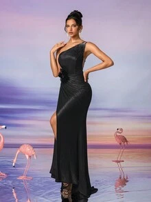 AOSHABABI Women Sparkly Floral Decor Mesh Patchwork High Slit Formal Evening Gown, Suitable For All Formal Occasions, Galas, Wedding Guests, Festivals, Proms, Cocktail Parties, Dating, Vacation And Bridesmaid Dresses - Black - View 8