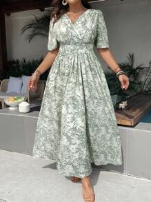 Celure Plus Size Holiday Casual Allover Print Long Dresses With Cinched Waist - Green - View 6