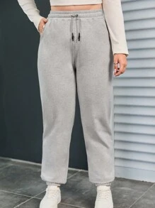 RueChic Plus Size  Ladies' Drawstring Waist Solid Color Jogging Pants - Light Grey - View 4