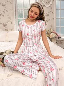 Women Striped Floral Printed Short Sleeve Top And Long Pants Pajama Set White Set - White - View 5