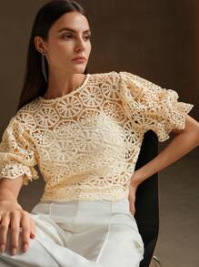 Anewsta 優雅蕾絲燈籠袖女士襯衫帶束腰細節 - 杏色 - 查看 6