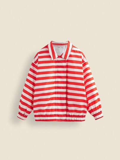 THE HAPPY LOOK Young Girl Red Striped Long Sleeve Collared Casual Outdoor Sports Jacket, Navy Style Back To School Windbreaker For Fall Winter