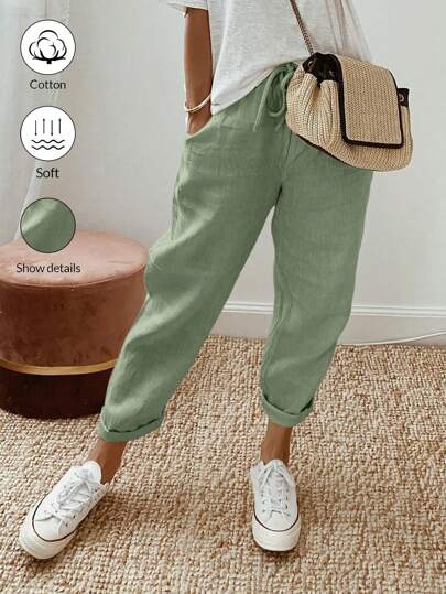 EMERY ROSE Solid Color Front Tie Simple Style Long Pants, Casual Daily Wear