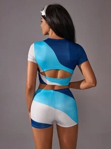 VARSITIE 運動夏季衝浪基礎印花和胸墊配件之背心短褲套裝 - 藍色 - 查看 6