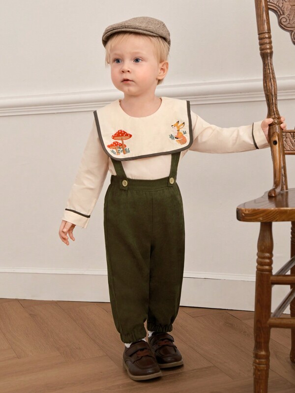 Souflis Souflis 2pcs Baby Boy French Retro Countryside Fox & Mushroom Embroidery Patterned Long Sleeve Top And Pants Set, Suitable For Outings