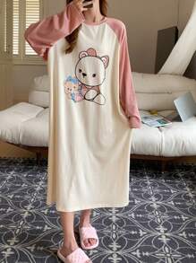 DAZY Cute Cartoon Printed Loose Color Block Patch Shoulder Sleep Dress Pajama - Brown - View 1