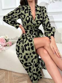 Modelyn Ladies' Leopard Print Simple Long Sleeve Daily Dress - Green - View 5
