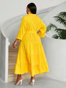 Maweii Plus Size Women's Elegant V-Neck Buttoned Front Long Sleeve Belted Dress With Layered Ruffle Hem Maxi Women Outfit Fall Cloth For Women