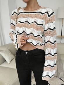 SHEIN LUNE Women's Round Neck Long Sleeve Cropped Hollow Out Sweater, Casual Daily Wear, Knit Pullover Fall Winter - Multicolor - View 4