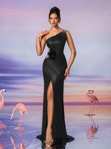 AOSHABABI Women Sparkly Floral Decor Mesh Patchwork High Slit Formal Evening Gown, Suitable For All Formal Occasions, Galas, Wedding Guests, Festivals, Proms, Cocktail Parties, Dating, Vacation And Bridesmaid Dresses - Black - View 2