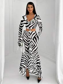 SHEIN SXY Women'ssimple Minimalist Commute Summer Fashion Zebra Print Draped Neck Short Sleeve Shirt And Mermaid Hem Skirt Set - Black and White - View 4