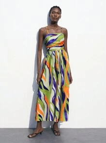 Maija 2025春夏初秋独立日七月装毕业季装适合休闲优雅校园细肩带彩色印花百搭百褶连衣裙女士适合校园生活 - 藏蓝色 - 查看 8