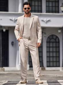 Manfinity VCAY Conjunto de 2 piezas de traje entallado para hombre tejido, que incluye chaqueta de 2 botones y pantalones rectos, adecuado para la primavera/verano - Albaricoque - Ver 6