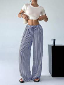SHEIN EZwear 女士休閒條紋闊腳褲，設有束口腰帶 - 藏蓝色 - 查看 5