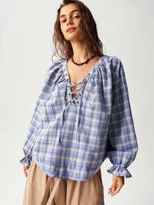 Bohemela 秋季女士度假格纹系带超大衬衫 - 霧霾藍 - 查看 3