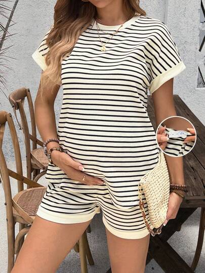 SHEIN Conjunto de top de rayas con mangas cortas y pantalones cortos para maternidad