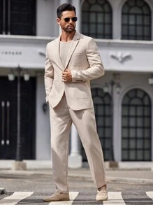 Manfinity VCAY Conjunto de 2 piezas de traje entallado para hombre tejido, que incluye chaqueta de 2 botones y pantalones rectos, adecuado para la primavera/verano - Albaricoque - Ver 3