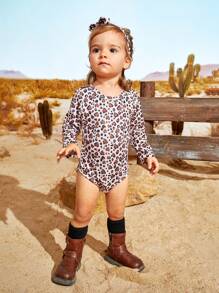 SHEIN Baby Girls' Autumn Leopard Print Romper Set With Black Skirt And Stockings, Thin - Black - View 5
