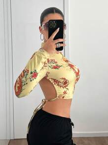 SHEIN ICON Áo thun cổ đứng hở lưng lưng dài in họa tiết Y2K hình rồng mùa thu hở lưng - Màu vàng - Xem 4